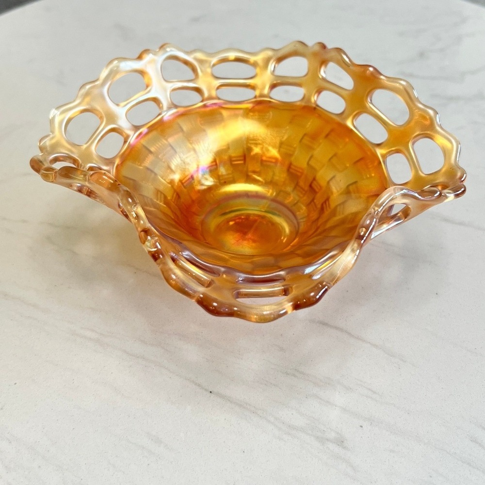 Fenton Marigold‎ Carnival Glass Basketweave Bowl Open Lace Edge Ruffled Dish